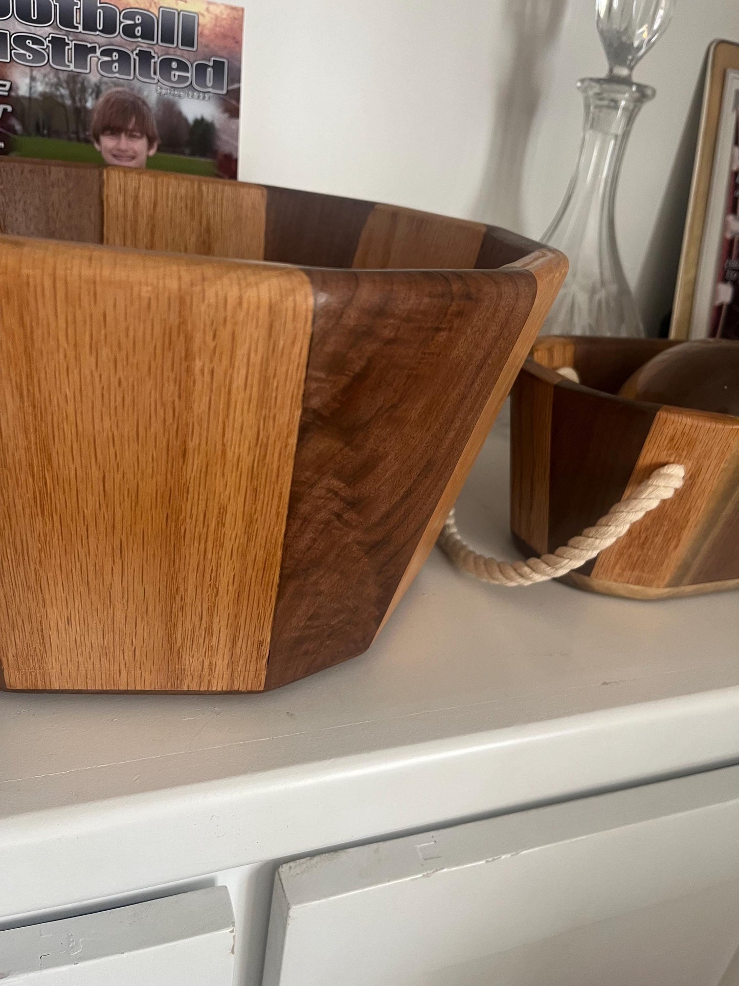 Handmade Walnut & Oak Wood Bowl: Reclaimed Lumber Centerpiece